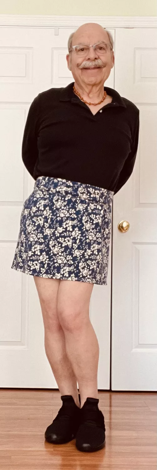 Some friends suggested I should wear a high waisted skirt. The skirt’s hem was only a couple of inches above the knee, so I did the old Catholic School girl roll up to show a bit more leg.