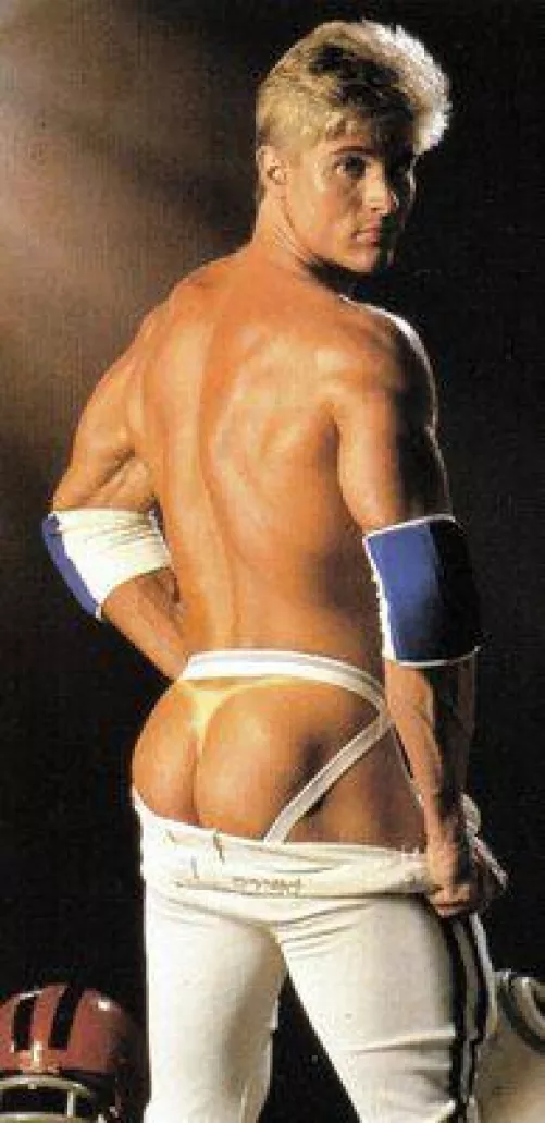 Steve Fox in a jockstrap with a thong tanline