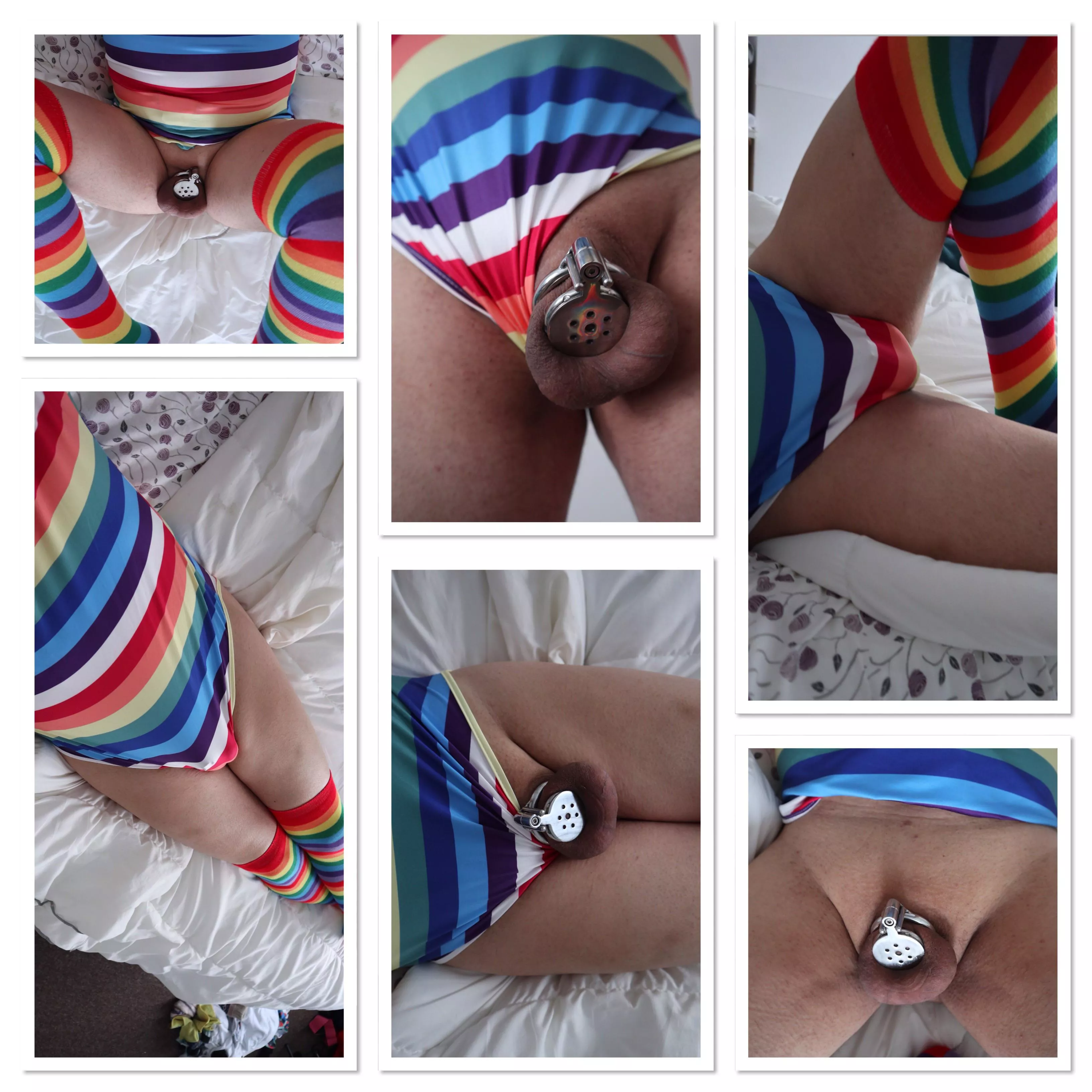 Stripey romper and tiny chastity cage