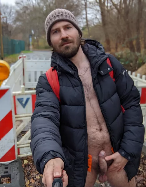 taking a selfie on the street without pants showing cock