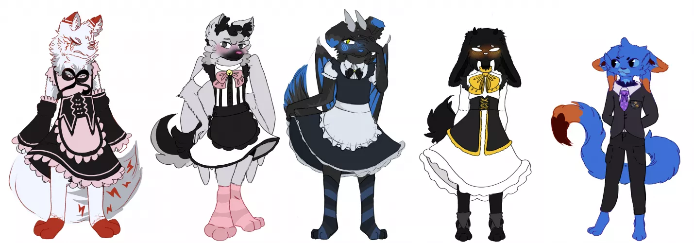 The maid and butler team. Art made by me :D! in the picture are u/Eeveekyu1234 u/Peeerzu u/WingedWhite u/Lunixzuu_ and Ama she doesn't have reddit