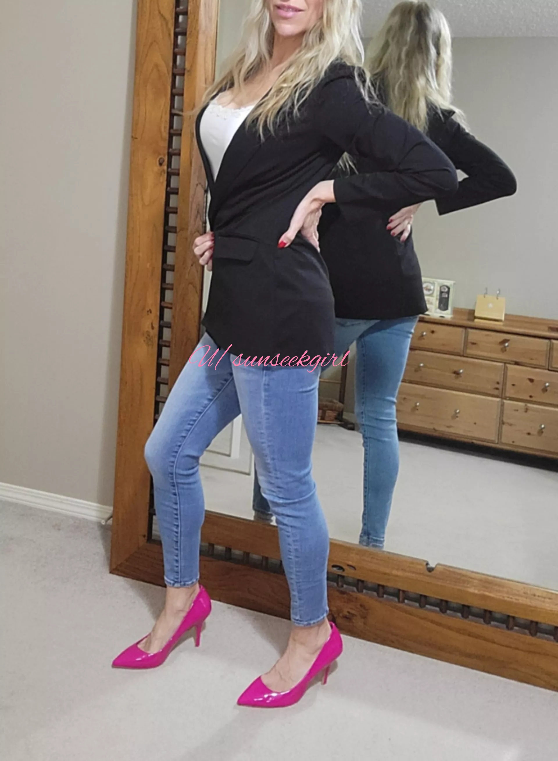 The shoes enhance the casual jeans.