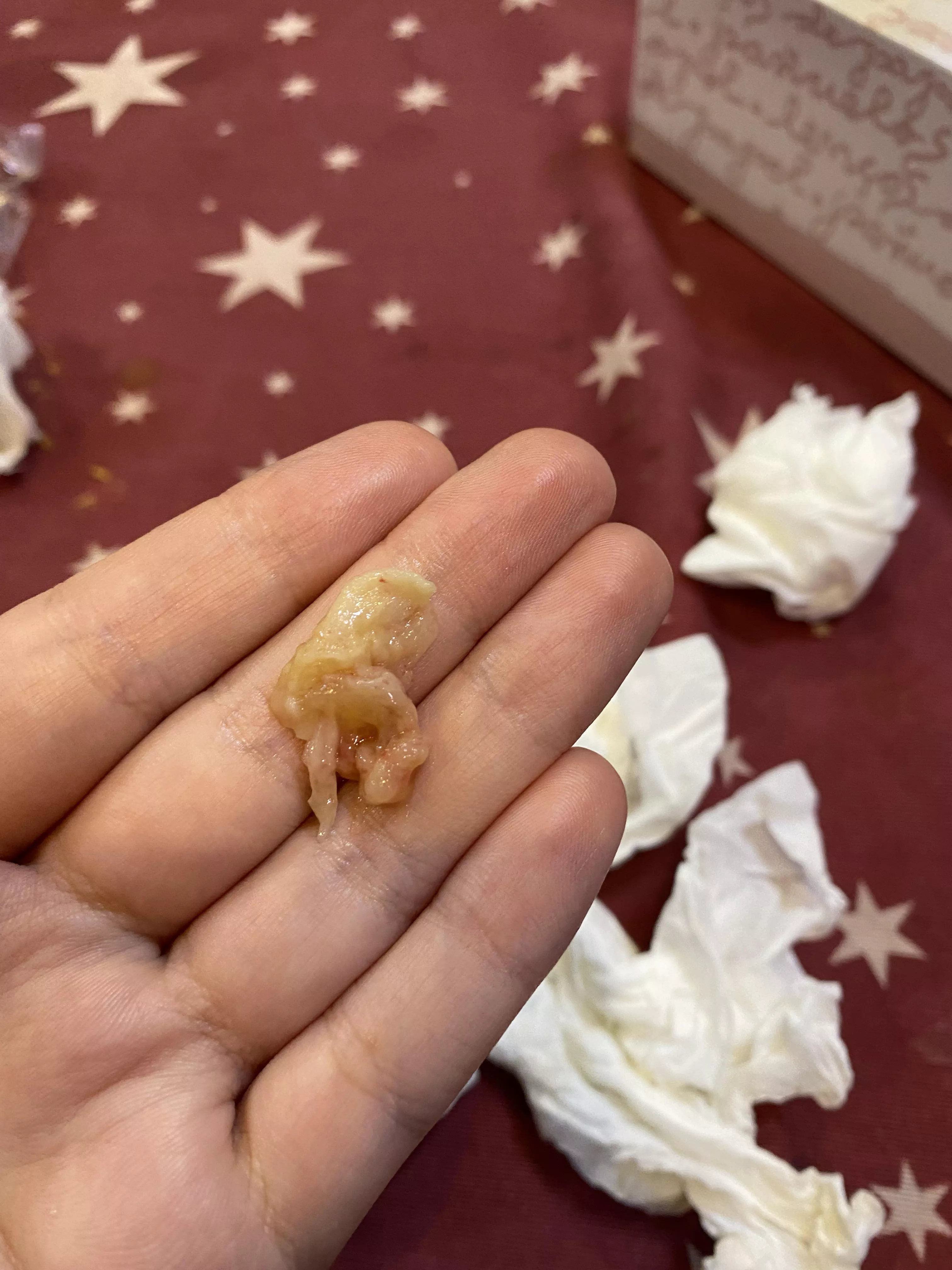 This coming out of my throat and I don’t know what it is, is like chicken flesh
