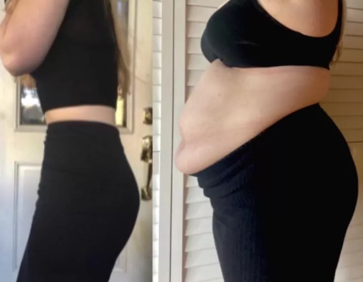 This goes out to all the aspiring feedees out there. In the first photo, my gf was thin, worked out and counted every calorie. In the next pic, from last night but in the same outfit, she had just finished something called a “meat mountain” and got s