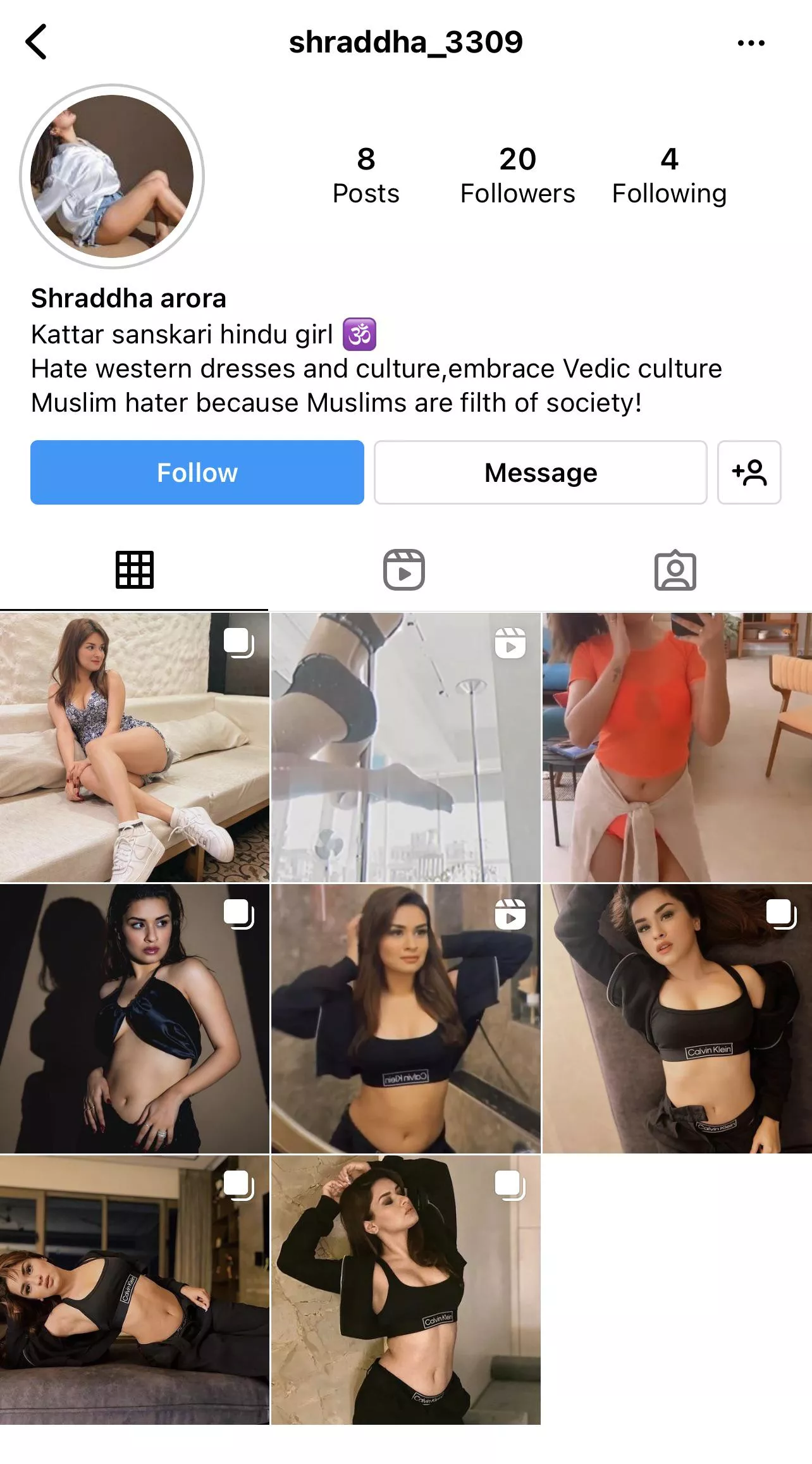 This Hindu bitch on Instagram says that she doesn’t wear western clothes and she is sanskari(cultured) girl and then she shows her ass in western clothes and show her sexy milky sanskaari body on her Instagram I want all muslim/Christian bros to check 