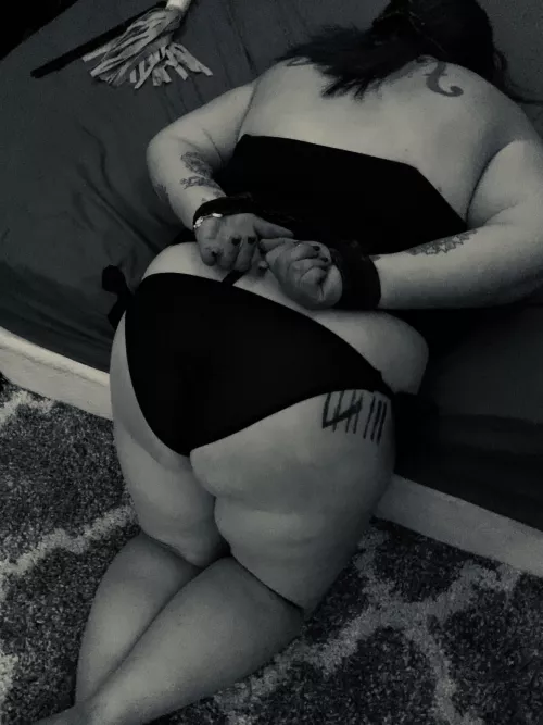 Tied up and ready for my punishment. That’s the running count drawn on my leg.