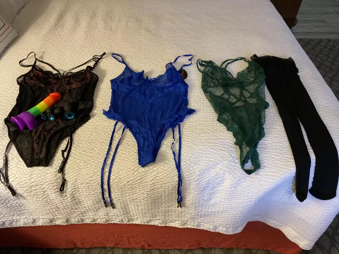 Tonight’s adventures! Already dressed and plugged! 😳😳