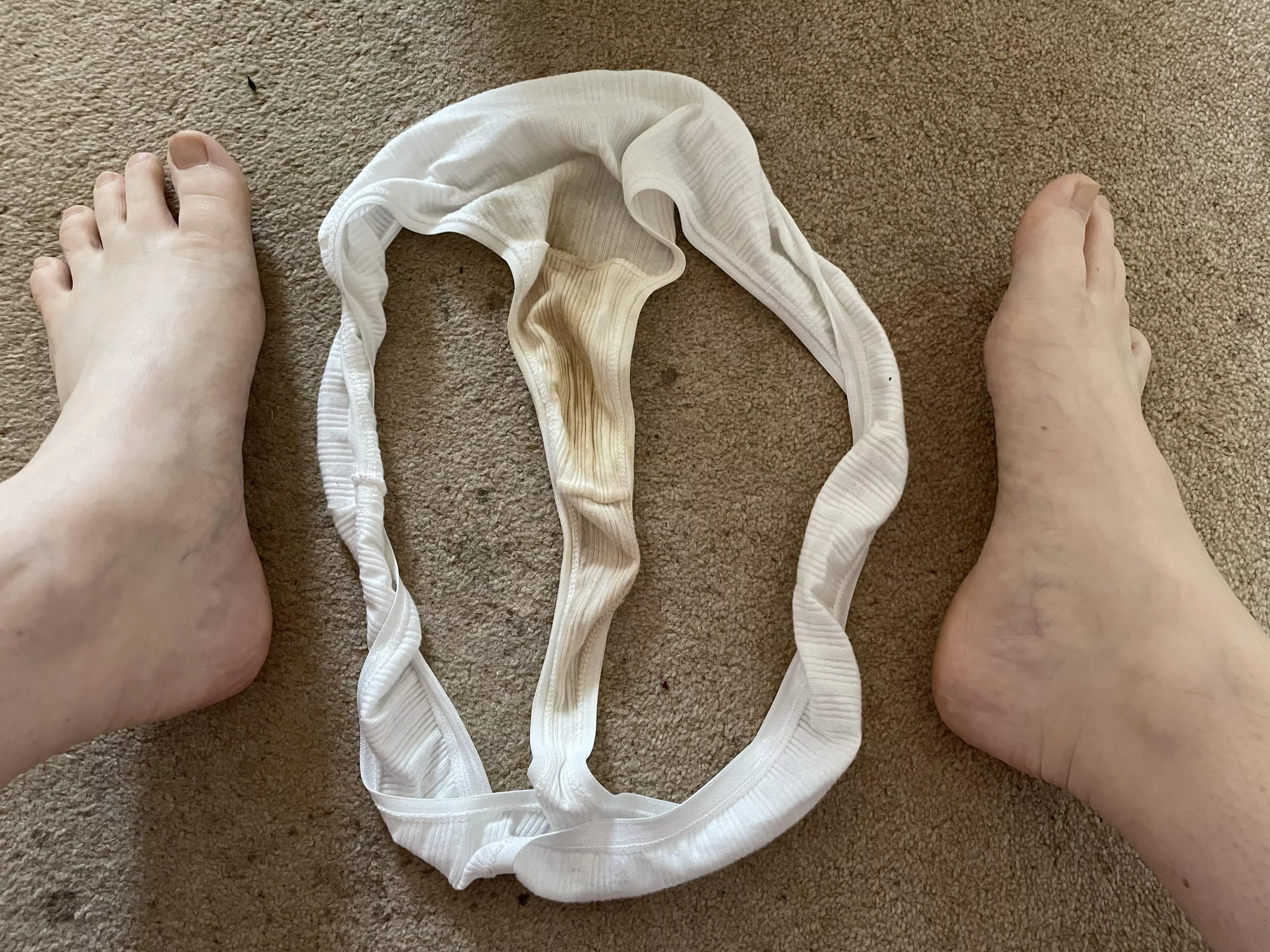 Virgin white cotton thong after four naughty days 😈💦🙈