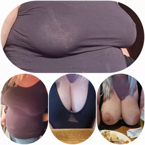 We went out to a restaurant. I was wearing a see through top - my tits eventually (f)ell out 😘🥰😍