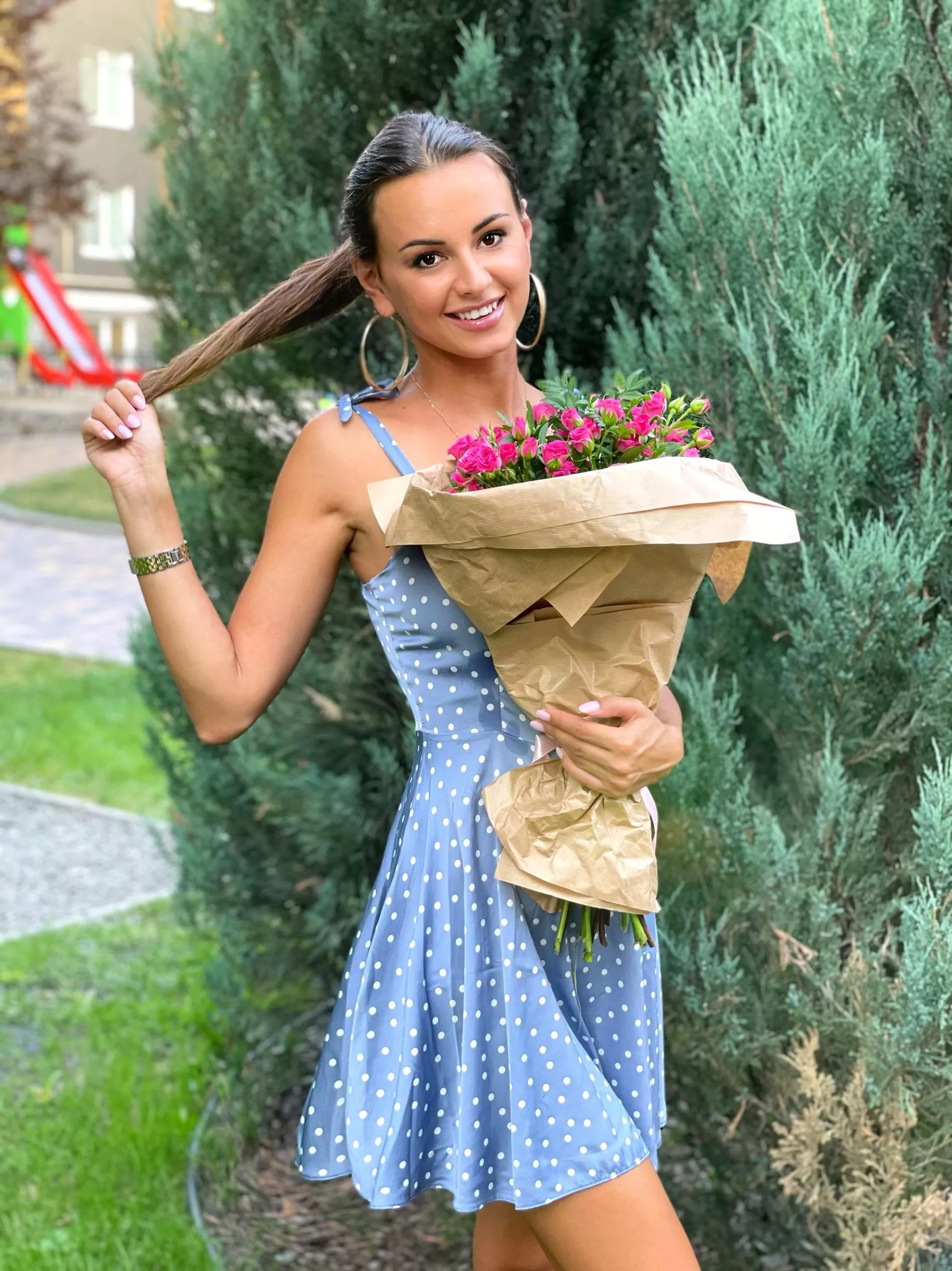 What is suits me better : those flowers or ponytail?