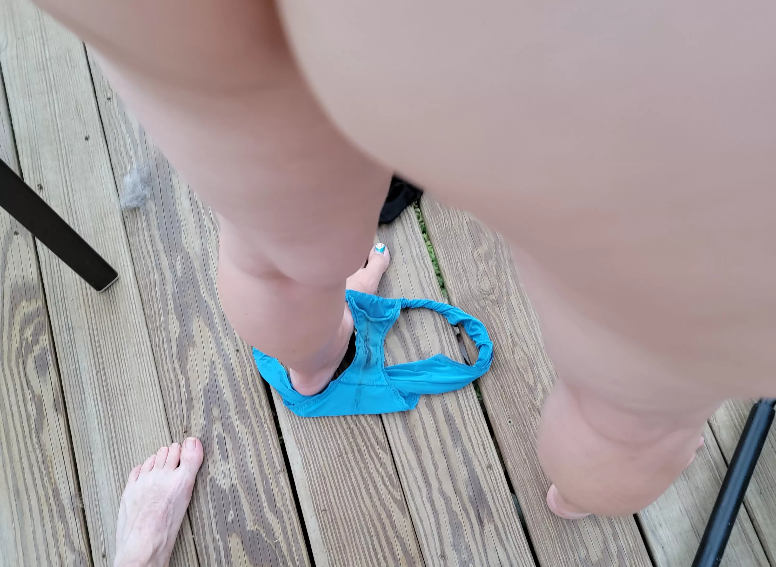 Wife's dirty panties around her ankles on our deck