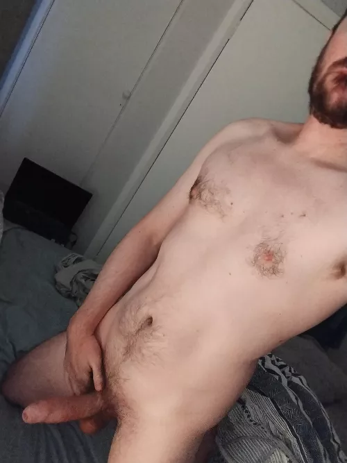 Without a mirror, it's the easiest way to fit both beard and boner in.