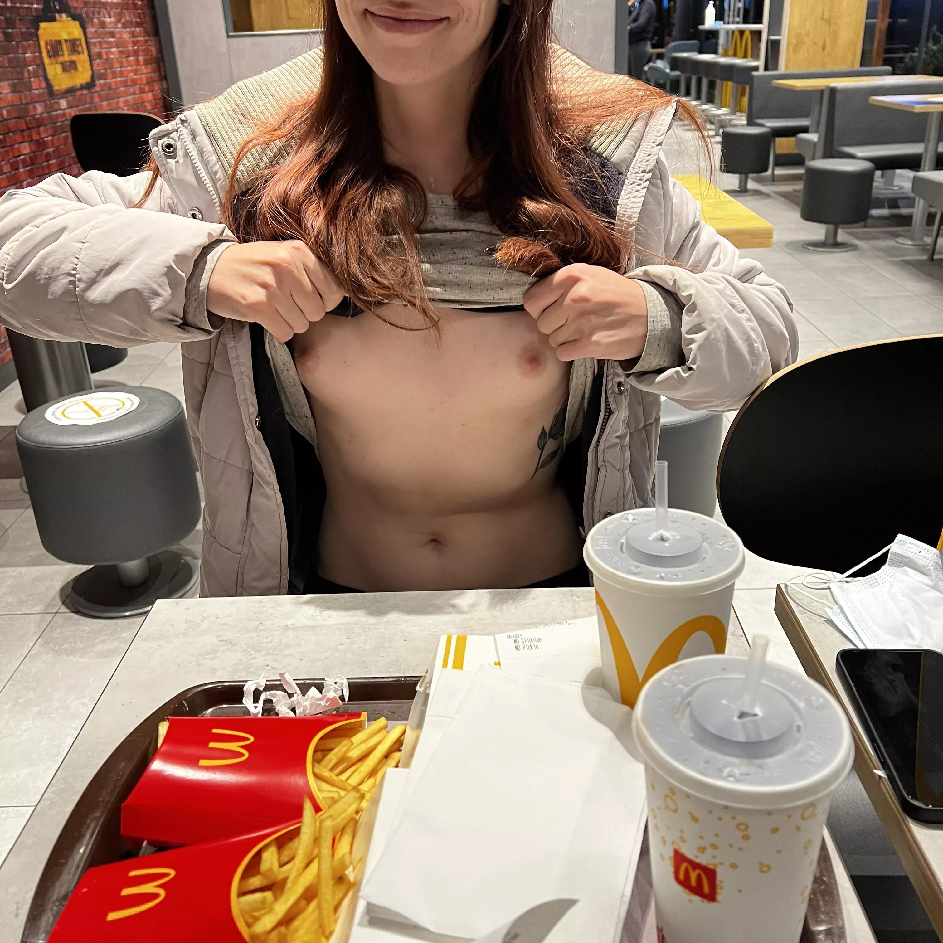 You see my flashing my little tits at the local McDs, what’s your move?