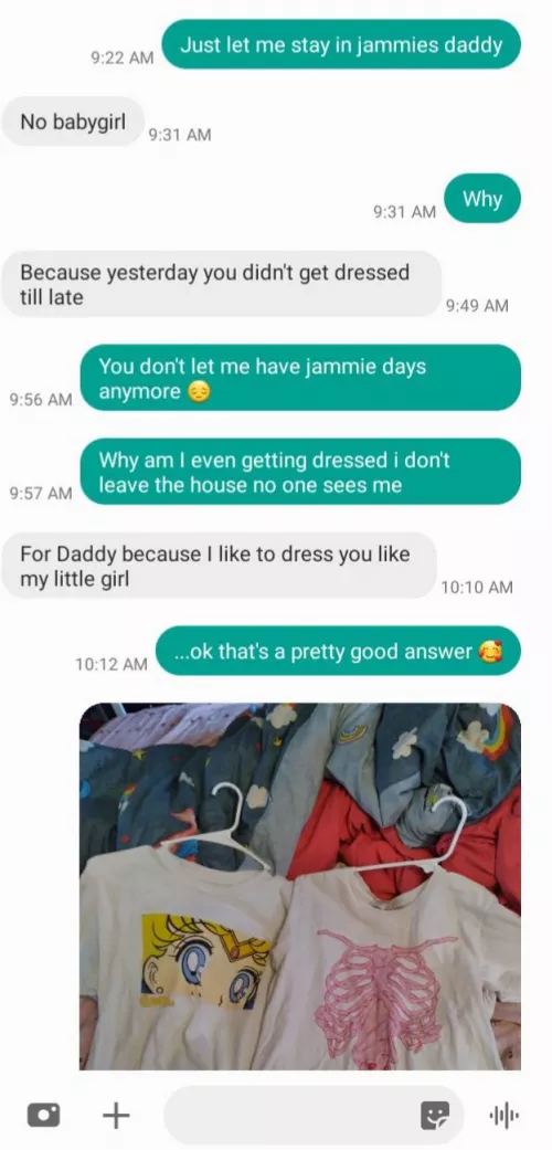 Tried to brat my way out of getting dressed today but daddy's a smooth talker π Tried to brat my way out of getting dressed today but daddy's a smooth talker π