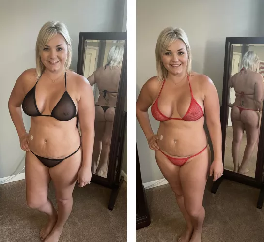 Which bikini is sexier, black sheer or red fishnet? Which bikini is sexier, black sheer or red fishnet?