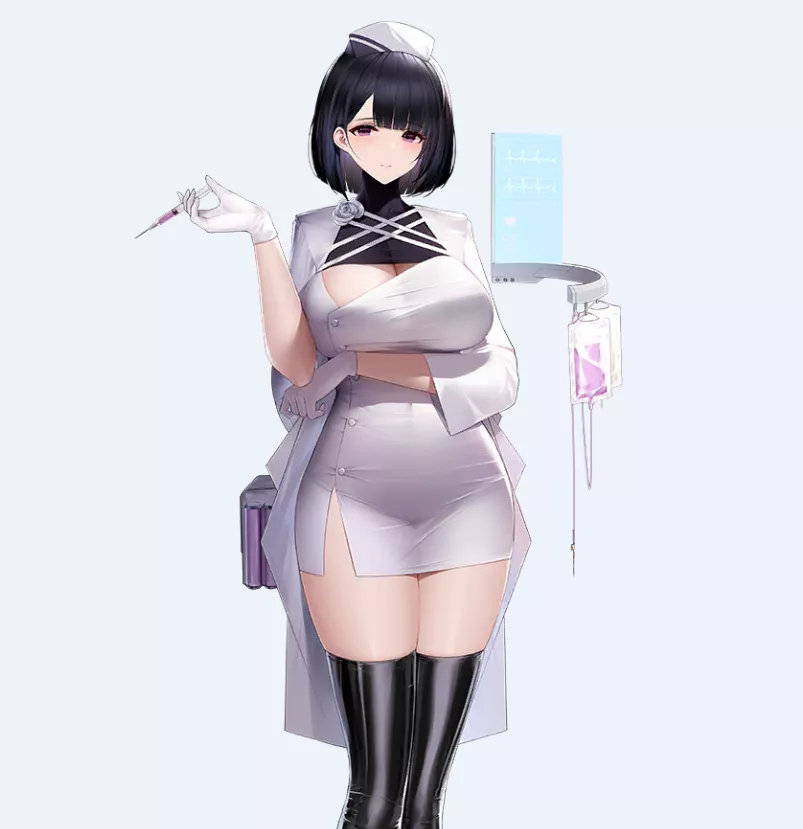 LF Color Source: 1girl, probably from a game, black hair, nurse outfit, big breasts, needles, iv bags, tight outfit, stockings, gloves