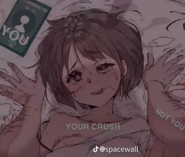 LF color source: short hair, brown hair, pink top, ahegao, sweat, bit lip, POV, phone, “you”, “your crush”, “not you”.