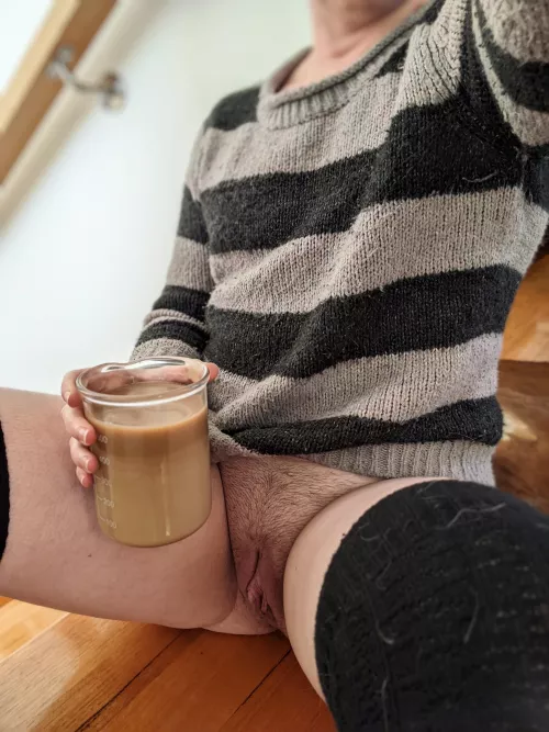 Borosilicate beaker coffee mug and thigh-high socks on a rainy afternoon