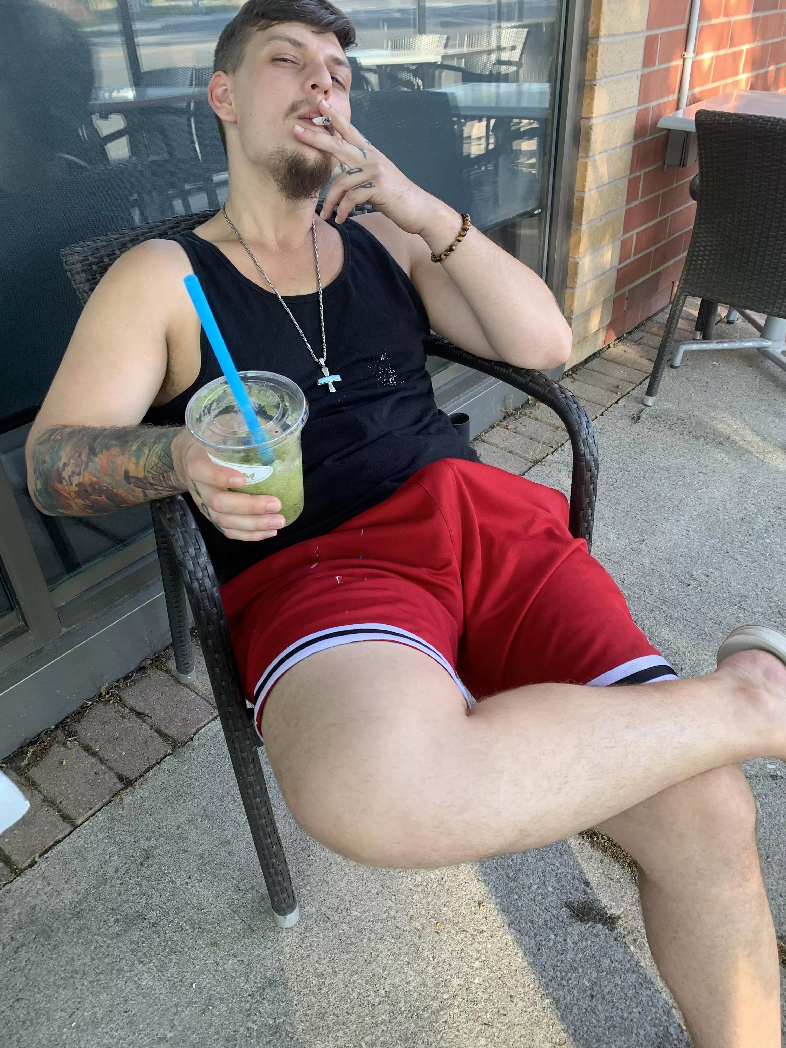 I love taking pictures of my bulge in public 🤭 too big not to curve up 🤣