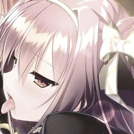 LF Color Source: 1girl, black and white ribbon, tongue out, black clothes, close up, red hair, long hair, looking at out of frame, half closed eyes, hair ribbon, white hair band, side face