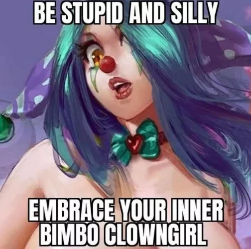 LF Color Source: BE STUPID AND SILLY EMBRACE YOUR INNER BIMBO CLOWNGIRL, 1girl, clown, clown nose, makeup, yellow eyes, hair over eye, teal hair, choker, bowtie, heart, meme, topless, mouth open, hat, jester hat, purple background