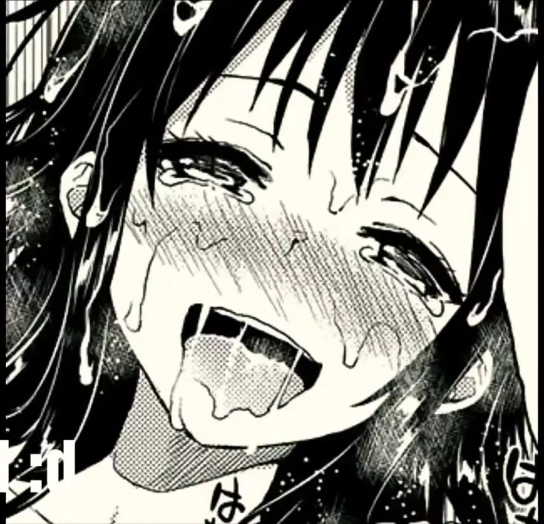 LF Mono Source: 1girl, ahegao, bangs, black hair, breath, close up, cum on face, cum on hair, drool, face, facial, foreign sfx, foreign text, half-closed eyes, looking at viewer, open mouth, panting/heavy breathing, saliva trail, sidelocks, sweat, tears,