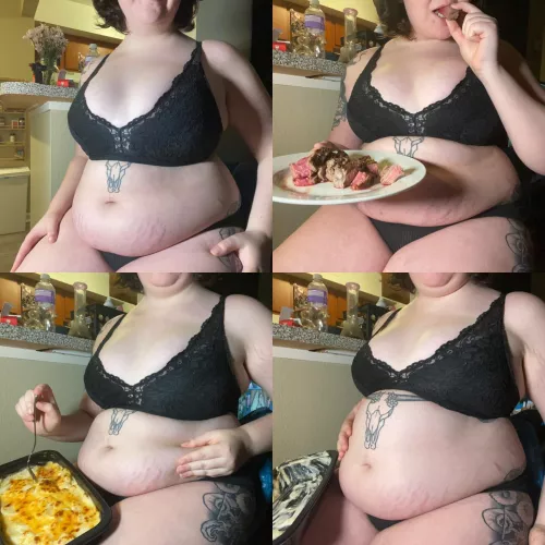 I ate a whole 10oz NY strip steak (I like it rare 😈) and a whole tray of Costco scalloped potatoes 🥱🥱