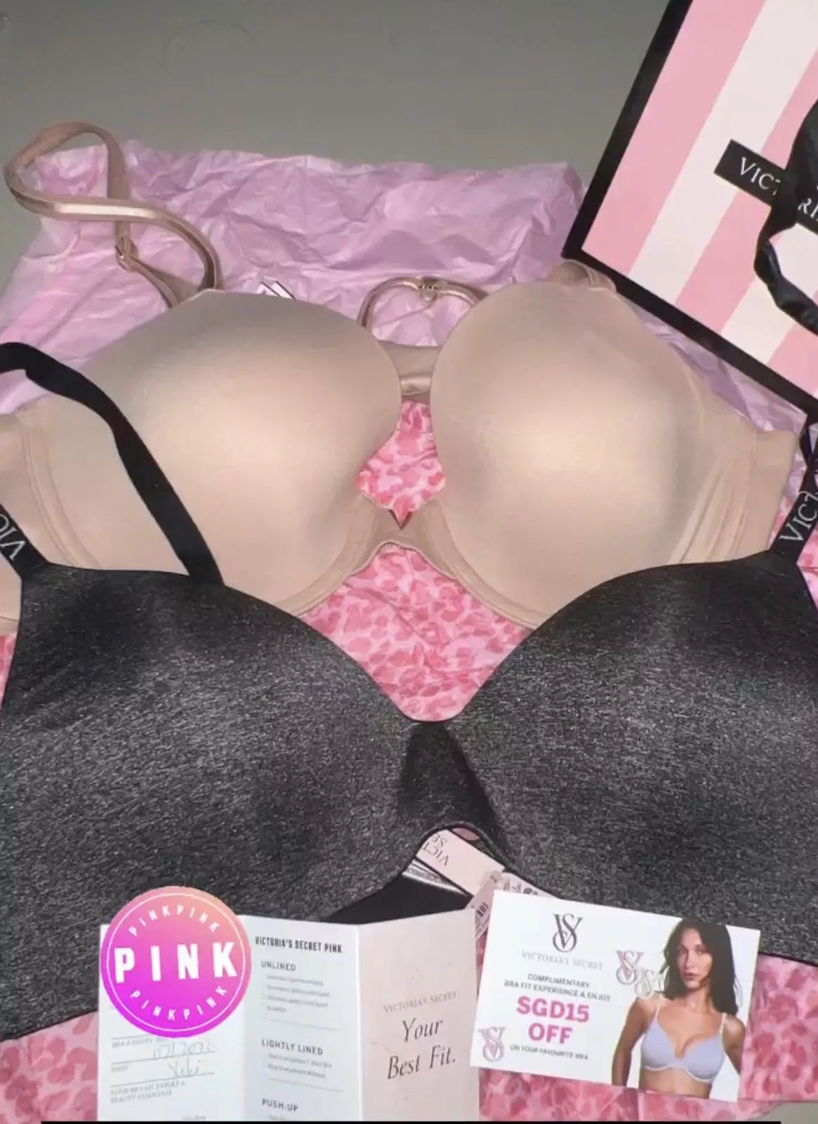 Had fun experience in VS today, they let me get fit and gives me discount for fitting bra in their store! Bought 2 tshirt bra, I told them I want to get used on wearing bra so they recomend me this Bra