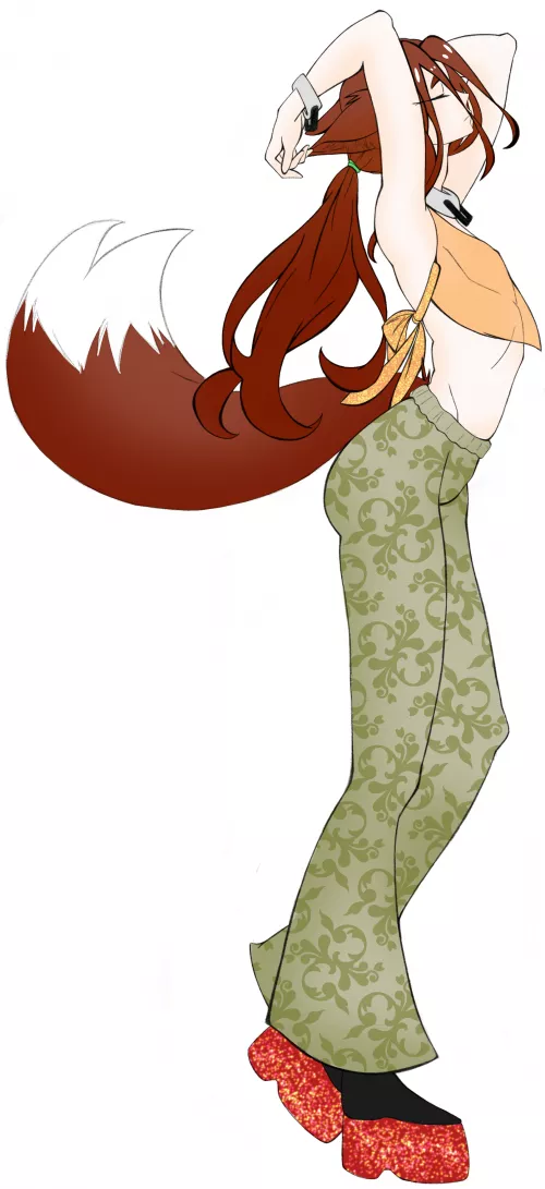 kitsune OC arching in bell bottoms (character and art by me!)