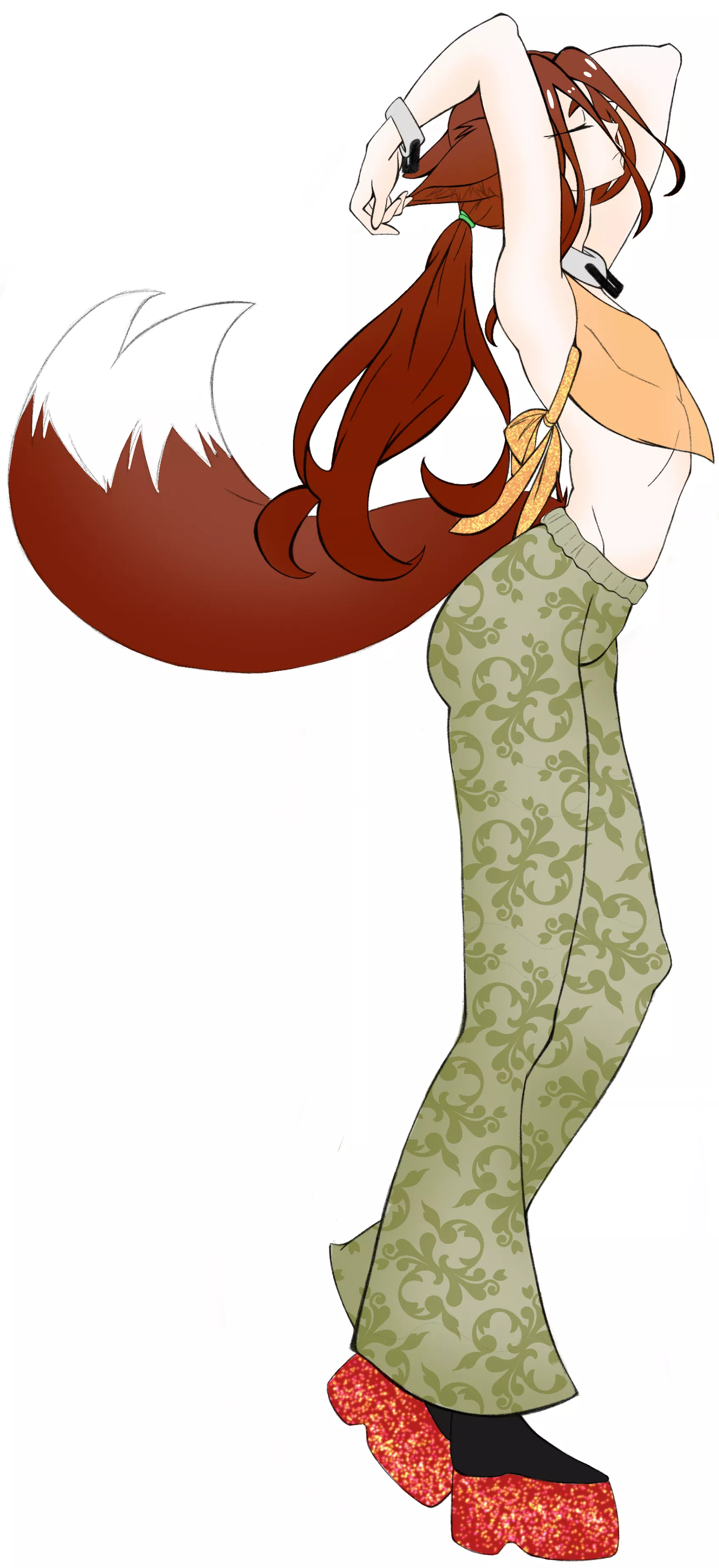 kitsune OC arching in bell bottoms (character and art by me!)