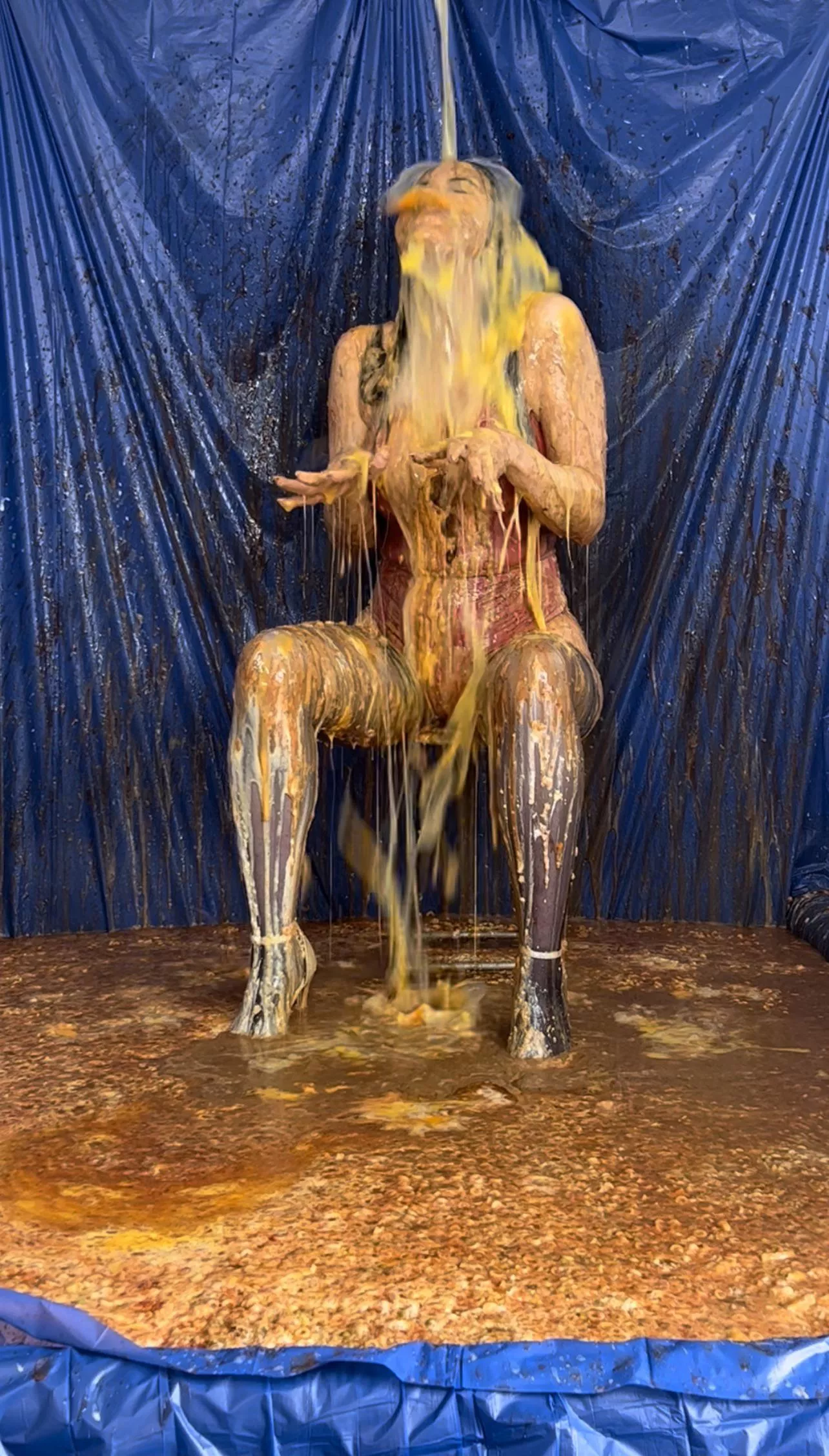 120 raw eggs dumped straight over my head!!! I can’t even begin to describe this texture, sensation and feeling as the gooey slime ran all over me!! Xx