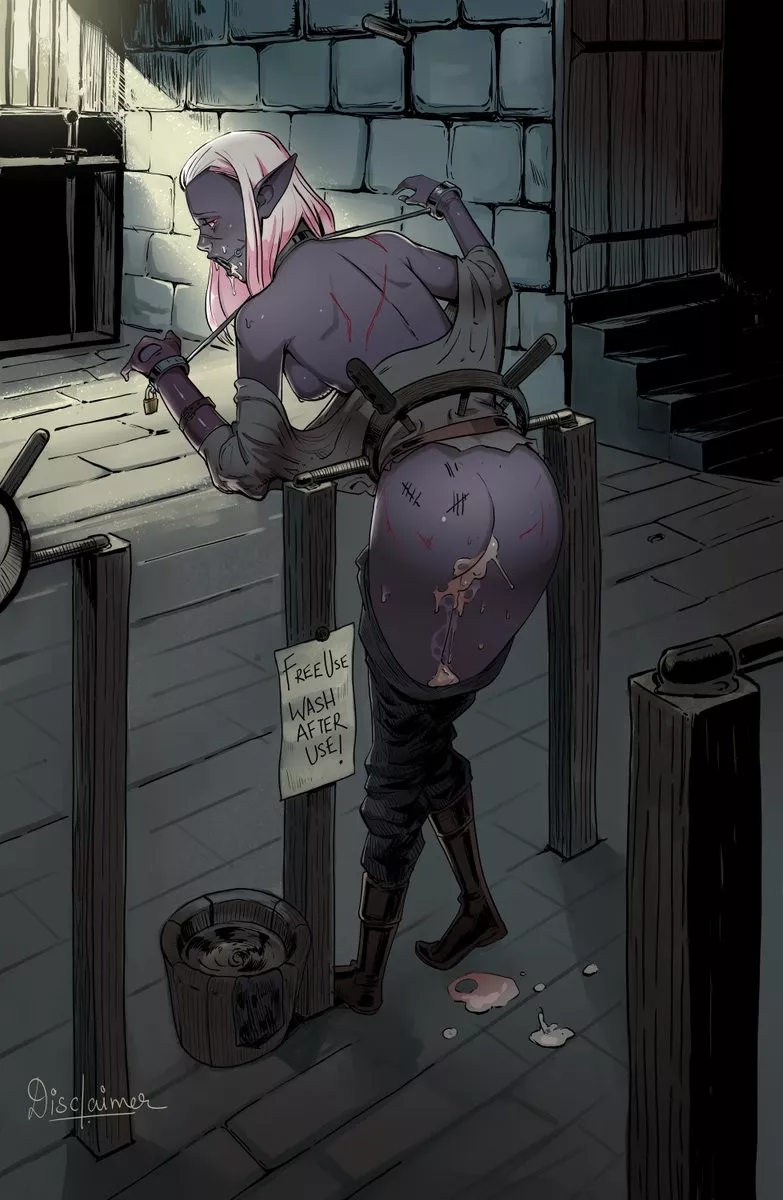 Formerly Queen of the Dark Elves: The terror of all men. Today the dungeon whore: Container of the sperm.