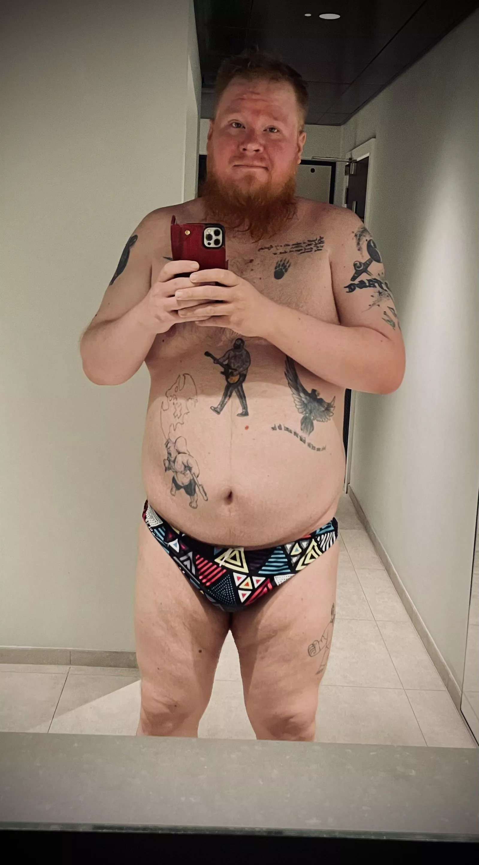 Whenever we go swimming in public. Speedos always