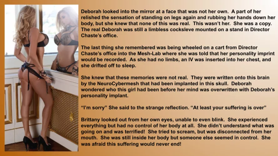 Personality prints! Now your Mesh-Puppet can be overwritten with a variety of our stored Personality Imprints! Make one of our favorite slaves, your slave today! (Story Inside)