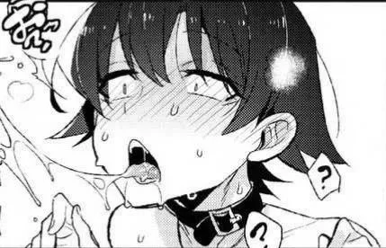 LF Mono Source: foreign text, 1boy, short hair, blushing, tongue out, collar, saliva