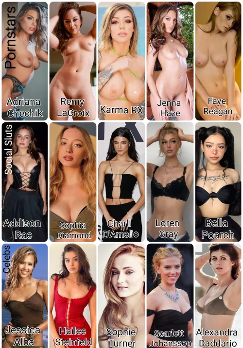 You get to pick your dream orgy. You can choose either 2 from each row, or one whole row. Who do you pick, and which one is taking your load?