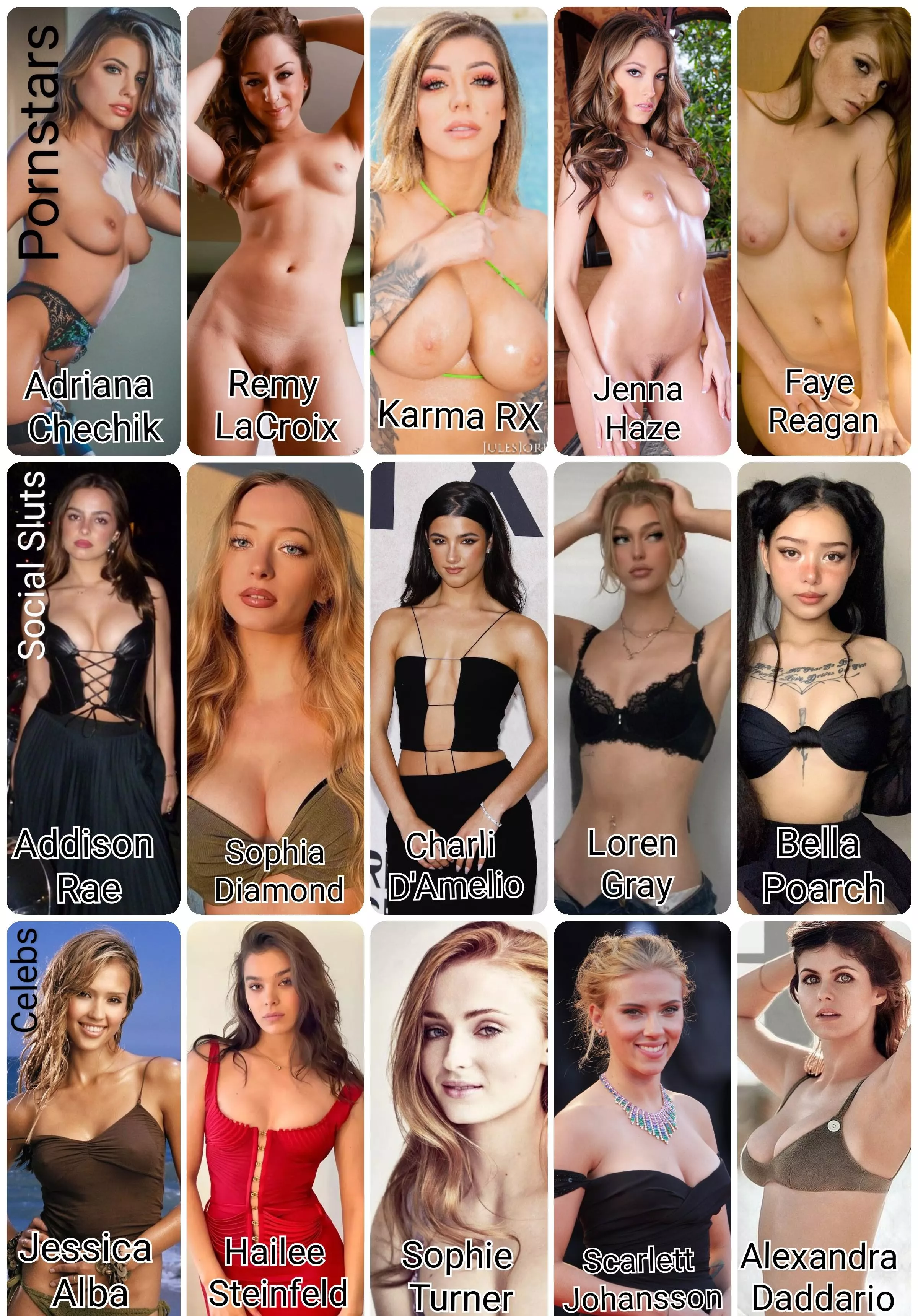 You get to pick your dream orgy. You can choose either 2 from each row, or one whole row. Who do you pick, and which one is taking your load?