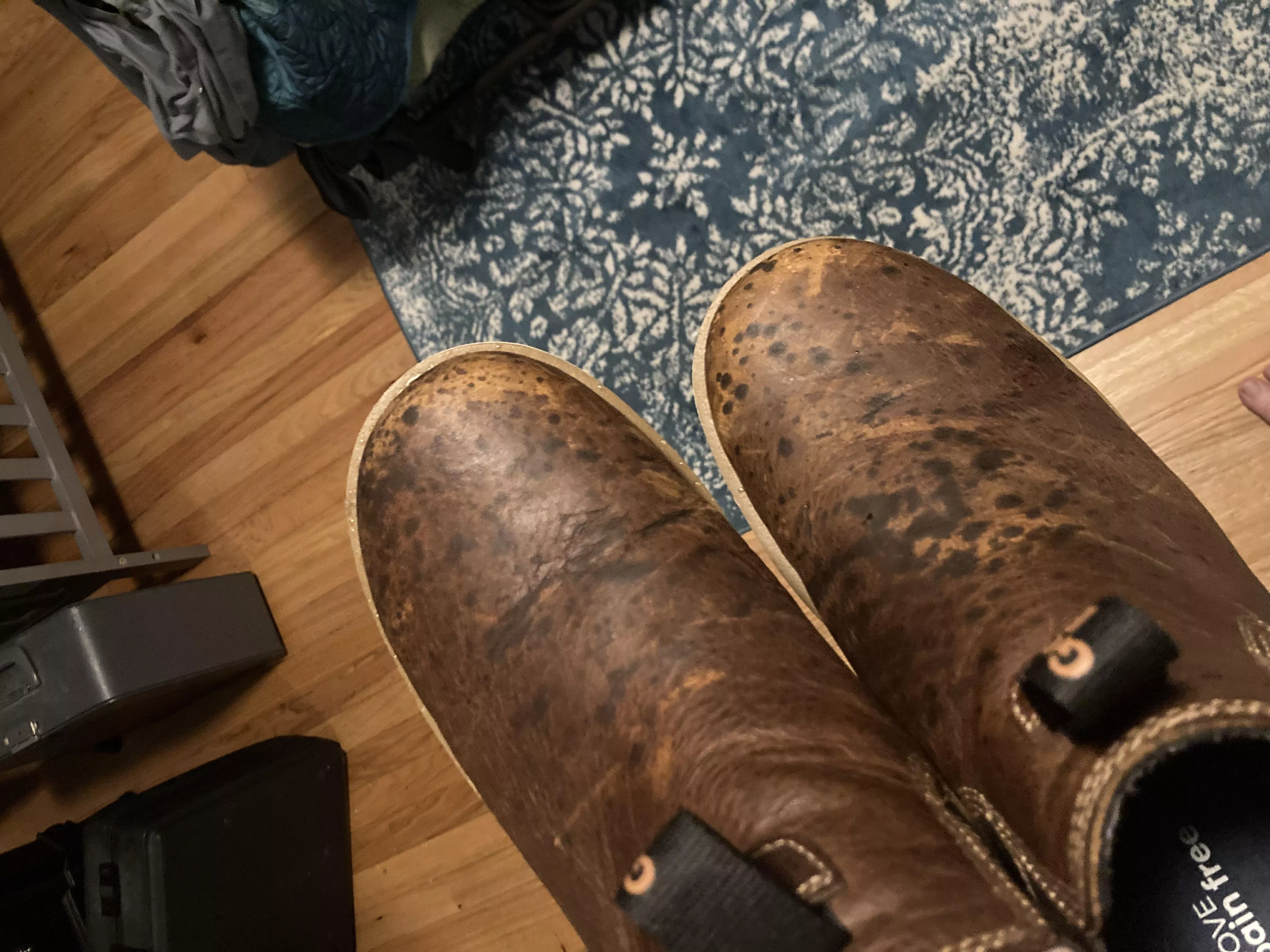 Looking for advice on leather care. These boots were in a closet under a Damp Rid bag that leaked – basically a solution of water, calcium chloride, sodium chloride, and potassium chloride. Didn’t discover it for a few days, and it spattered on my bo Looking for advice on leather care. These boots were in a closet under a Damp Rid bag that leaked – basically a solution of water, calcium chloride, sodium chloride, and potassium chloride. Didn’t discover it for a few days, and it spattered on my bo