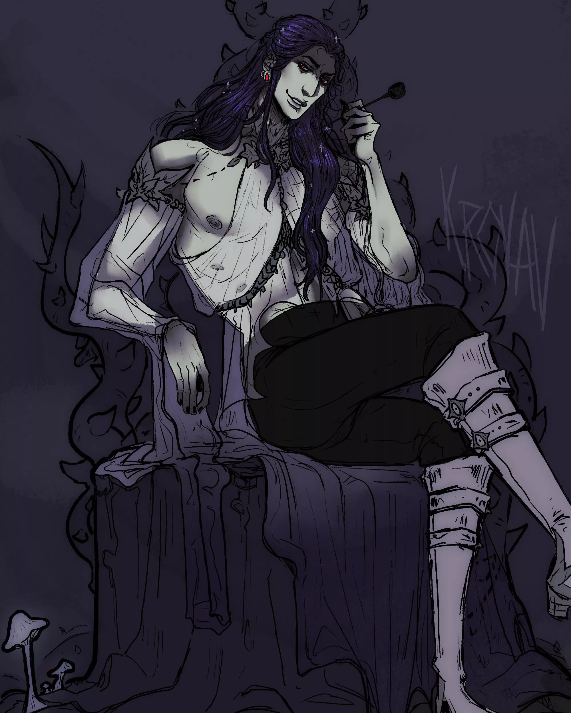 My slut fae OC lording over his court in his usual skimpy attire [artist is me]