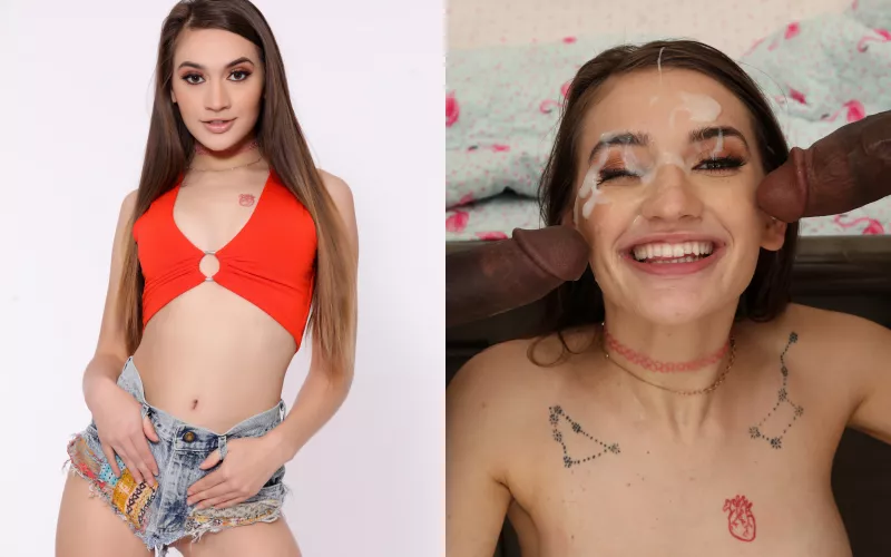 Sera Ryder before and after she has two thick loads dropped on her face