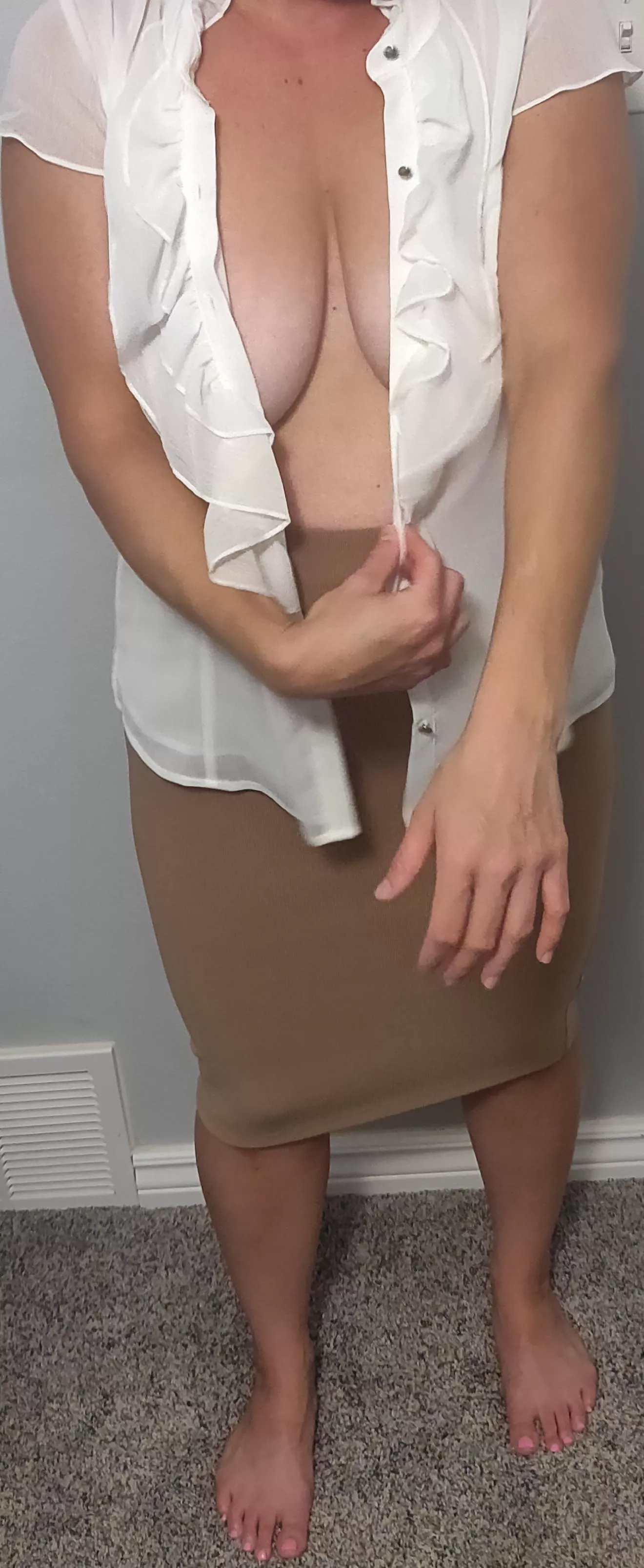 My bra was really annoying me at work. I closed my office door to take it off. My boss walked in without knocking and had a potential customer with him. This is basically what each of them saw. The client left. Boss thanked me for closing the deal. I win