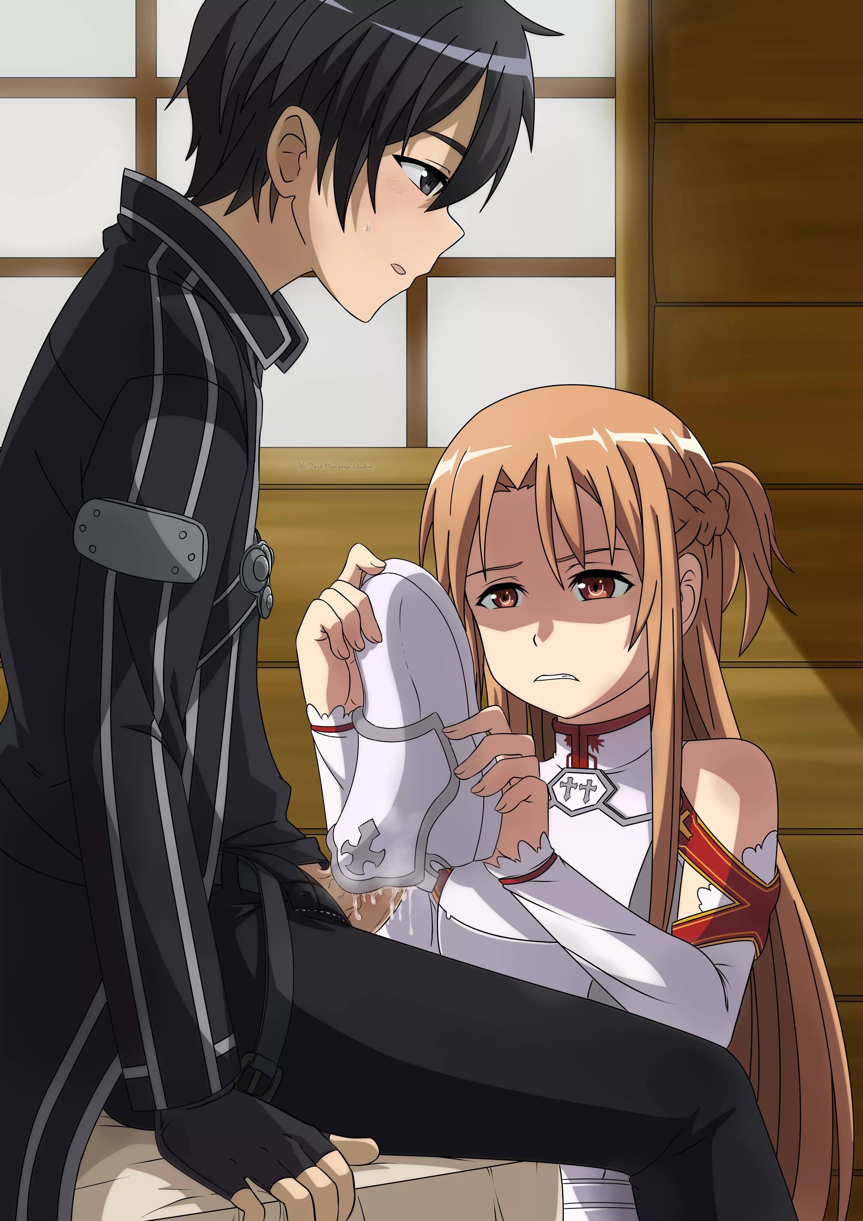 Asuna measures the size of Kirito's small cock and is not happy that Kirito has a small cock (Contettish) [Sword Art Online]