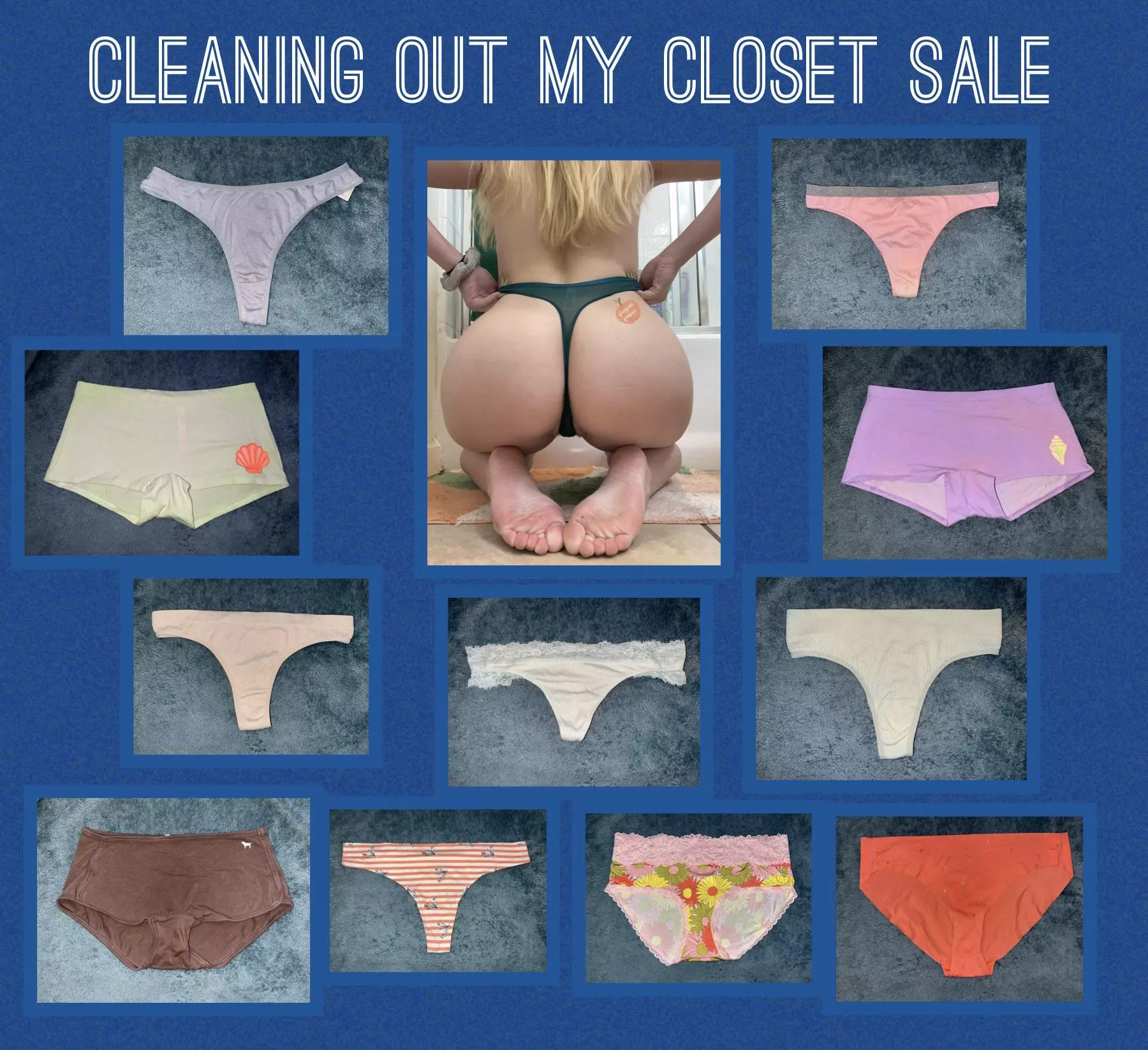 ❕CLEANING OUT MY CLOSET SALE❕ all my current panties are $10 OFF ❕ i’ve shown these panties lots of love over the past few years & i know you’ll love them too 💙 worn 24hrs or more + orgasms 💦 fetish friendly 🤍 [US] shipping/trackin