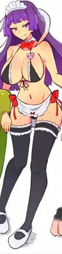 Color 1girl, black bikini, black panties, detached collar, frilled bikini, frilled thighhighs, frills, front-tie bikini, green blanket, groin, holding broom, large breasts, looking at viewer, maid, maid headdress, navel, purple eyes, purple hair, red bow