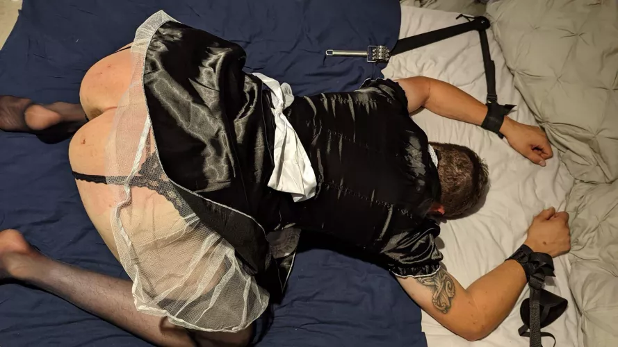 Dressed as a maid, bound, pegged and gaped during impact play. Cock hungry whore. [oc] [domme]