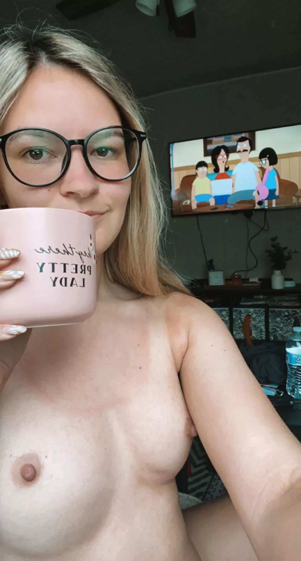 I love to have my tiny tits out while I drink my coffee and chill out before getting ready for work