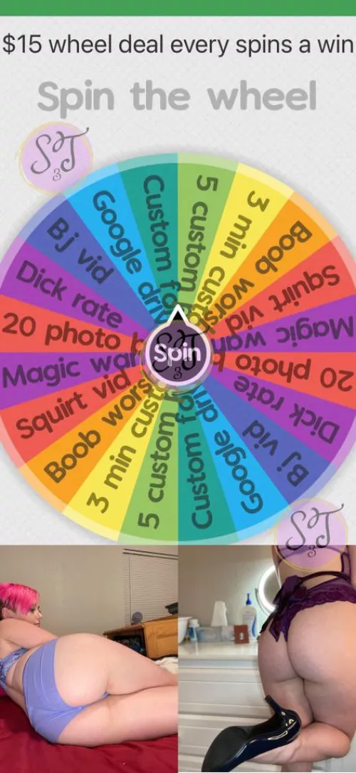 [selling] [kik] @pixiechick1996 [telegram] @Tink_3 Cum try my $15 wheel deal 😈 every spins a win! 🎉