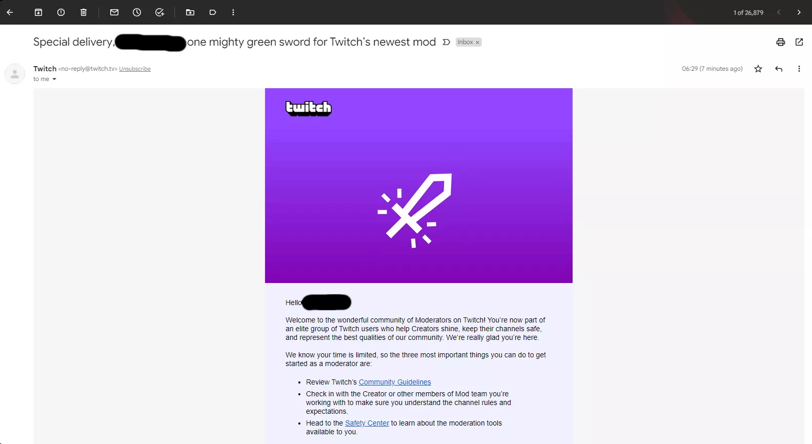 Potential Scam Email: Fake Twitch Moderator Email. Banner Image is Animated