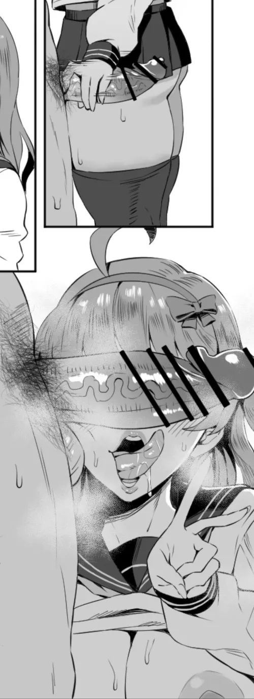 LF Mono Source school uniform, hairband, ahoge, tongue out, drooling, saliva, penis covering eyes, v sign