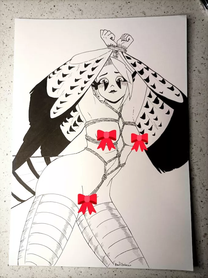 Due to a cancelled pledge this original inked shibari bondage harpy illustration is available as an add-on in my LGBT monster girl comic kickstarter campaign again! link in the comments ❤️